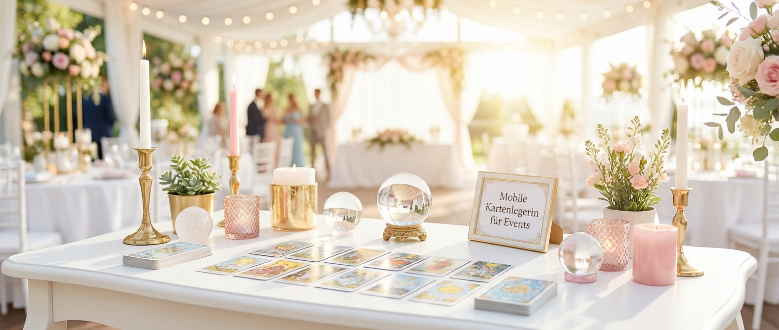 Kartenlegerin Dominika an einem stimmungsvoll dekorierten Tisch mit Tarot-Karten und Kristallen bei einer Veranstaltung in Wien